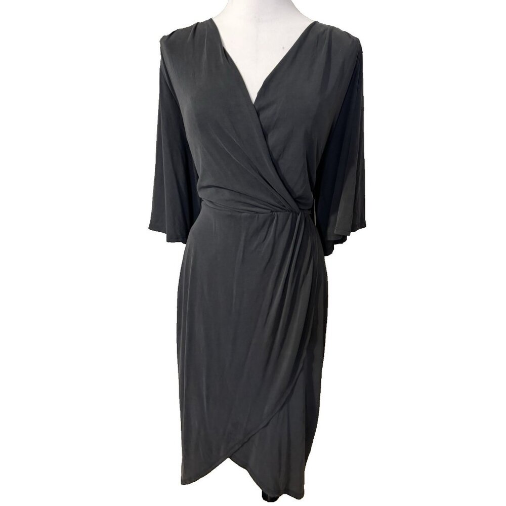 Lulus Midi Dress 1X Black Short Flutter Sleeve Stretch Silky Soft Washable NEW - Picture 2 of 9